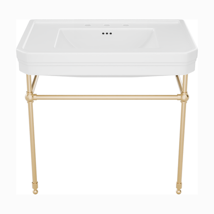 Valencia 31 inch console bathroom sink with white porcelain basin and Brushed Brass legs, 8 inch widespread faucet drilling