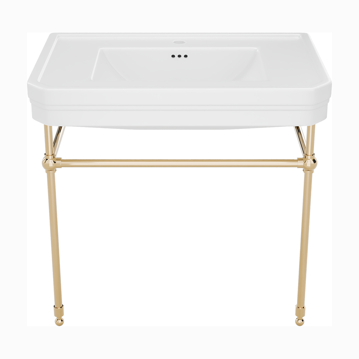 Valencia 31 inch console bathroom sink with white porcelain basin and Polished Brass legs, single hole faucet drilling