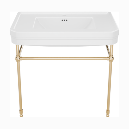 Valencia 31 inch console bathroom sink with white porcelain basin and Polished Brass legs, single hole faucet drilling