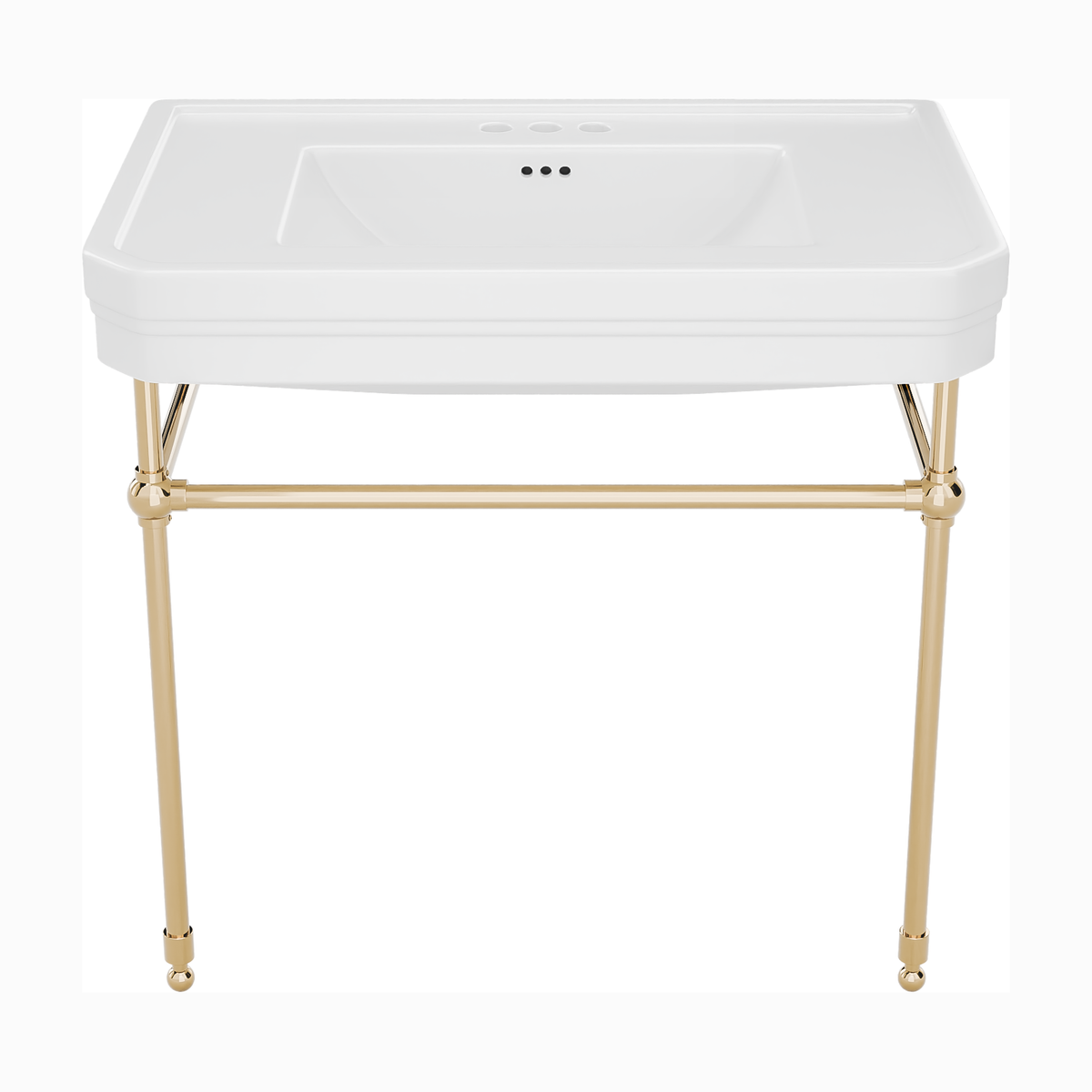 Valencia 31 inch console bathroom sink with white porcelain basin and Polished Brass legs, 4 inch centerset faucet drilling
