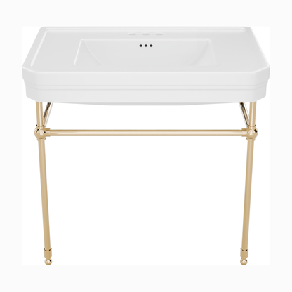 Valencia 31 inch console bathroom sink with white porcelain basin and Polished Brass legs, 4 inch centerset faucet drilling