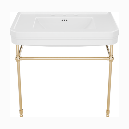 Valencia 31 inch console bathroom sink with white porcelain basin and Polished Brass legs, 8 inch widespread faucet drilling