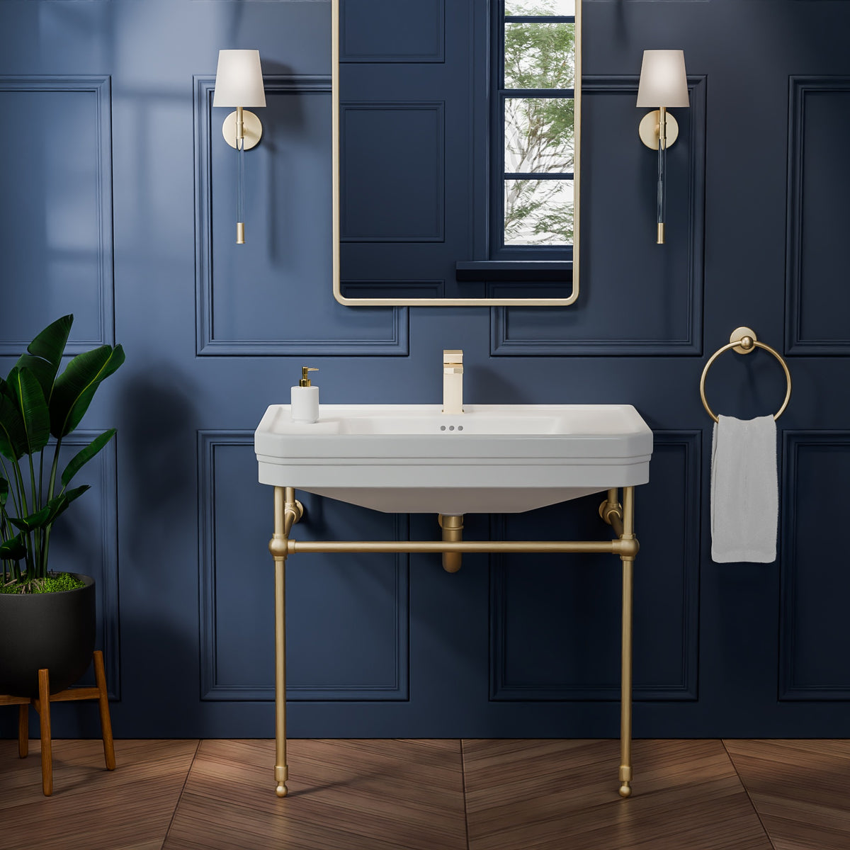 Valencia 31 inch console bathroom sink with Brushed Brass legs in a navy powder room, front view