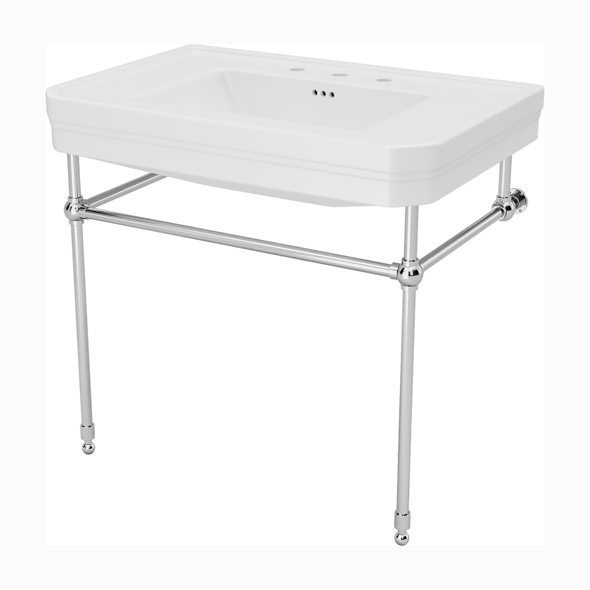 Valencia 31 inch console bathroom sink in Polished Chrome with 8 inch widespread drilling, angled view