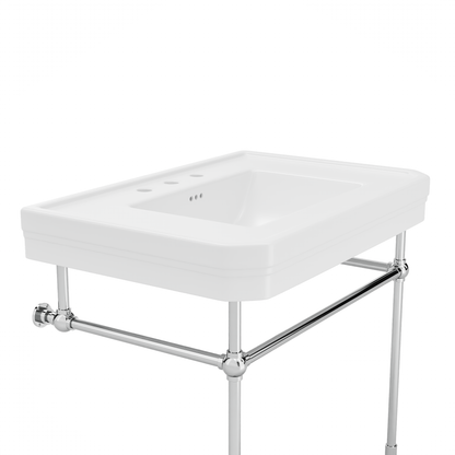 Valencia 31 inch console bathroom sink in Polished Chrome with 8 inch widespread drilling, close view of the basin and legs