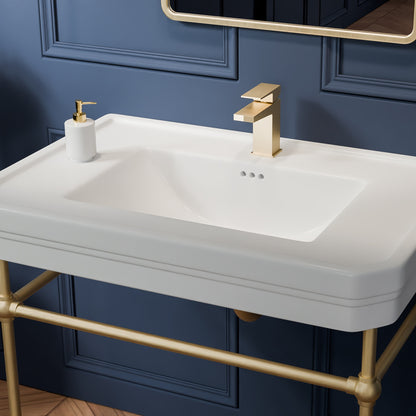Valencia 31 inch console bathroom sink with Brushed Brass legs, close view of the porcelain basin
