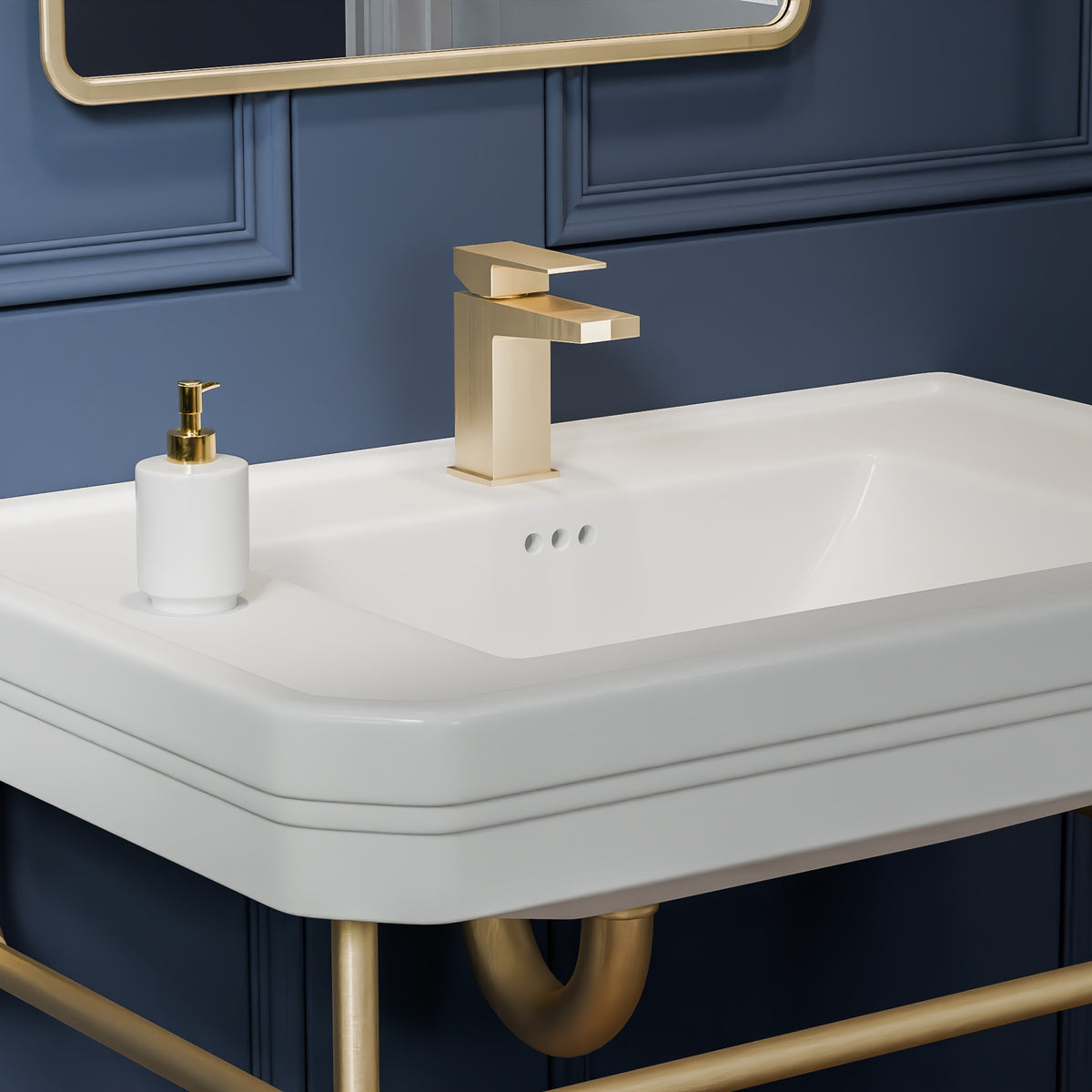 Valencia 31 inch console bathroom sink with Brushed Brass legs, close view of the basin and brass crossbar