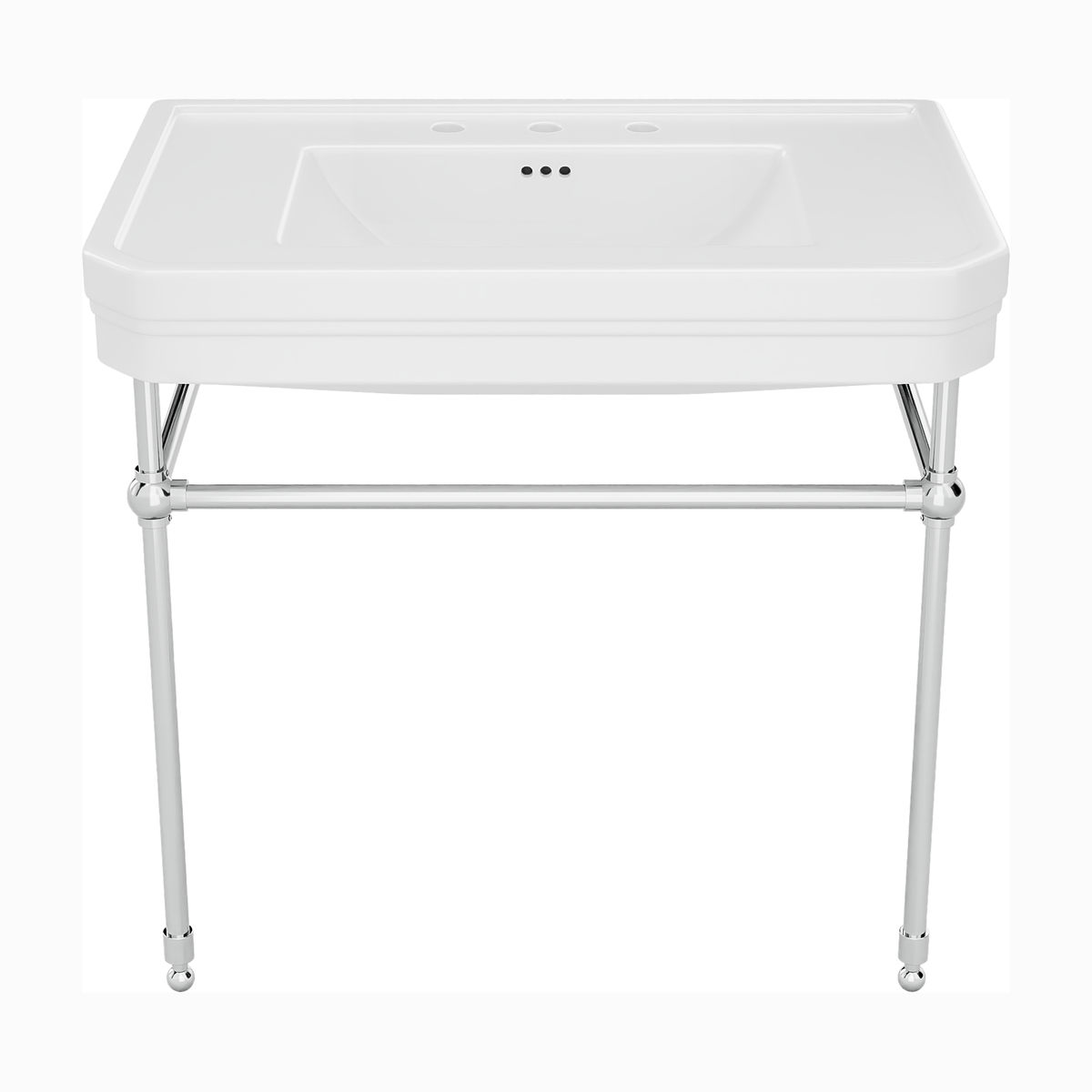 Valencia 31 inch console bathroom sink with white porcelain basin and Polished Chrome legs, 8 inch widespread faucet drilling