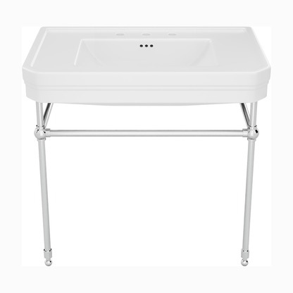 Valencia 31 inch console bathroom sink with white porcelain basin and Polished Chrome legs, 8 inch widespread faucet drilling