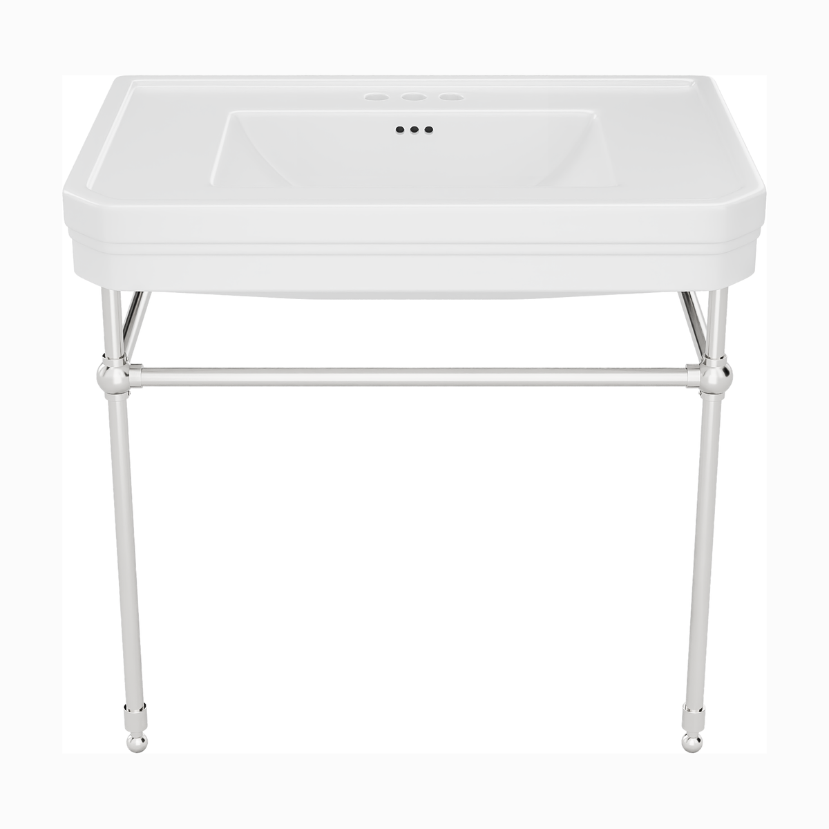 Valencia 31 inch console bathroom sink with white porcelain basin and Brushed Nickel legs, 4 inch centerset faucet drilling