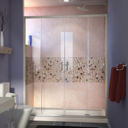 Visions double sliding shower door kit in brushed nickel with biscuit shower base pan and right drain