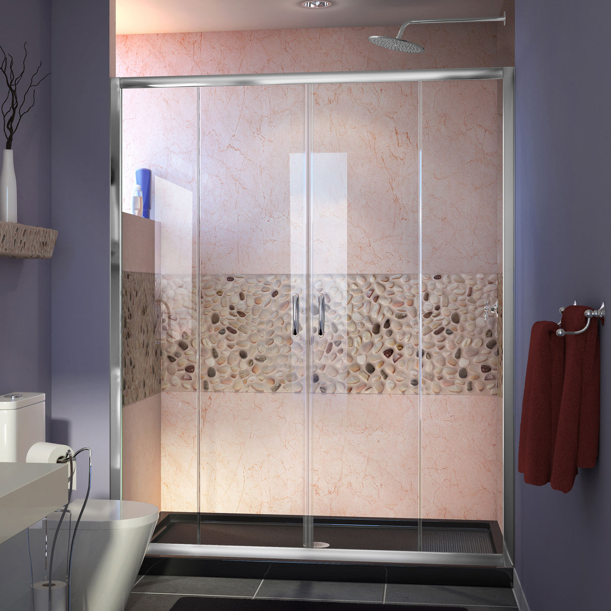 Visions double sliding shower door kit in polished chrome with black shower base pan and center drain