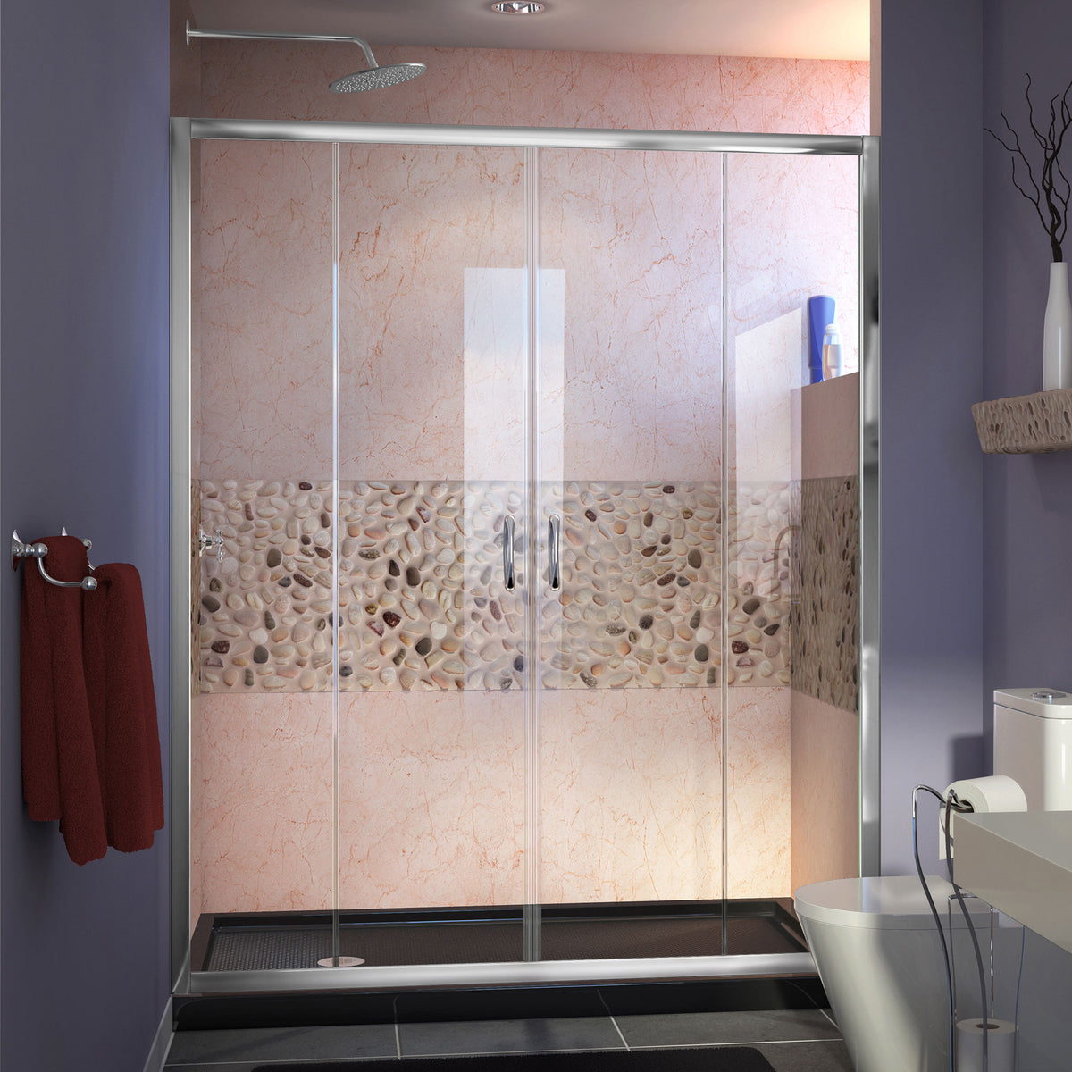 Visions double sliding shower door kit in polished chrome with black shower base pan and left drain