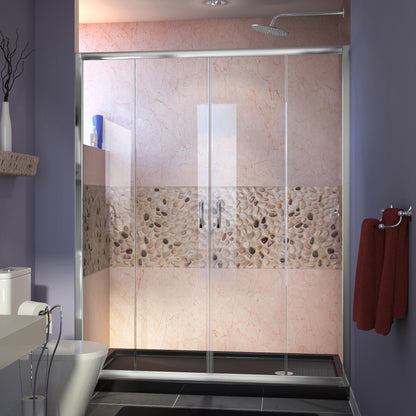 Visions double sliding shower door kit in polished chrome with black shower base pan and right drain
