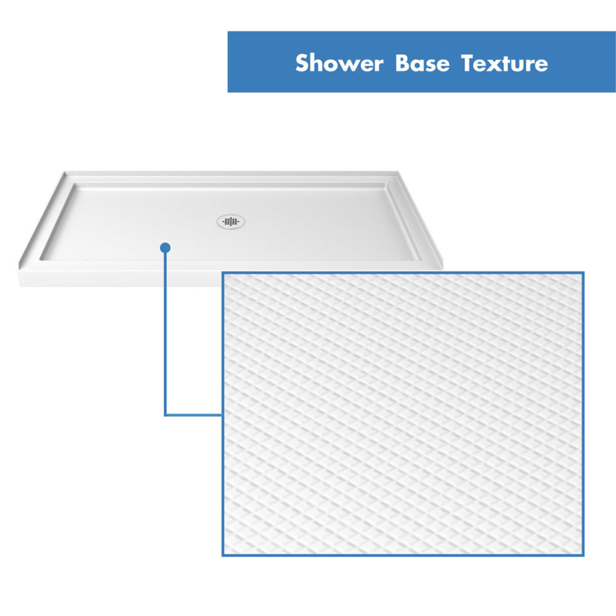White shower base pan slip resistant floor texture, center drain