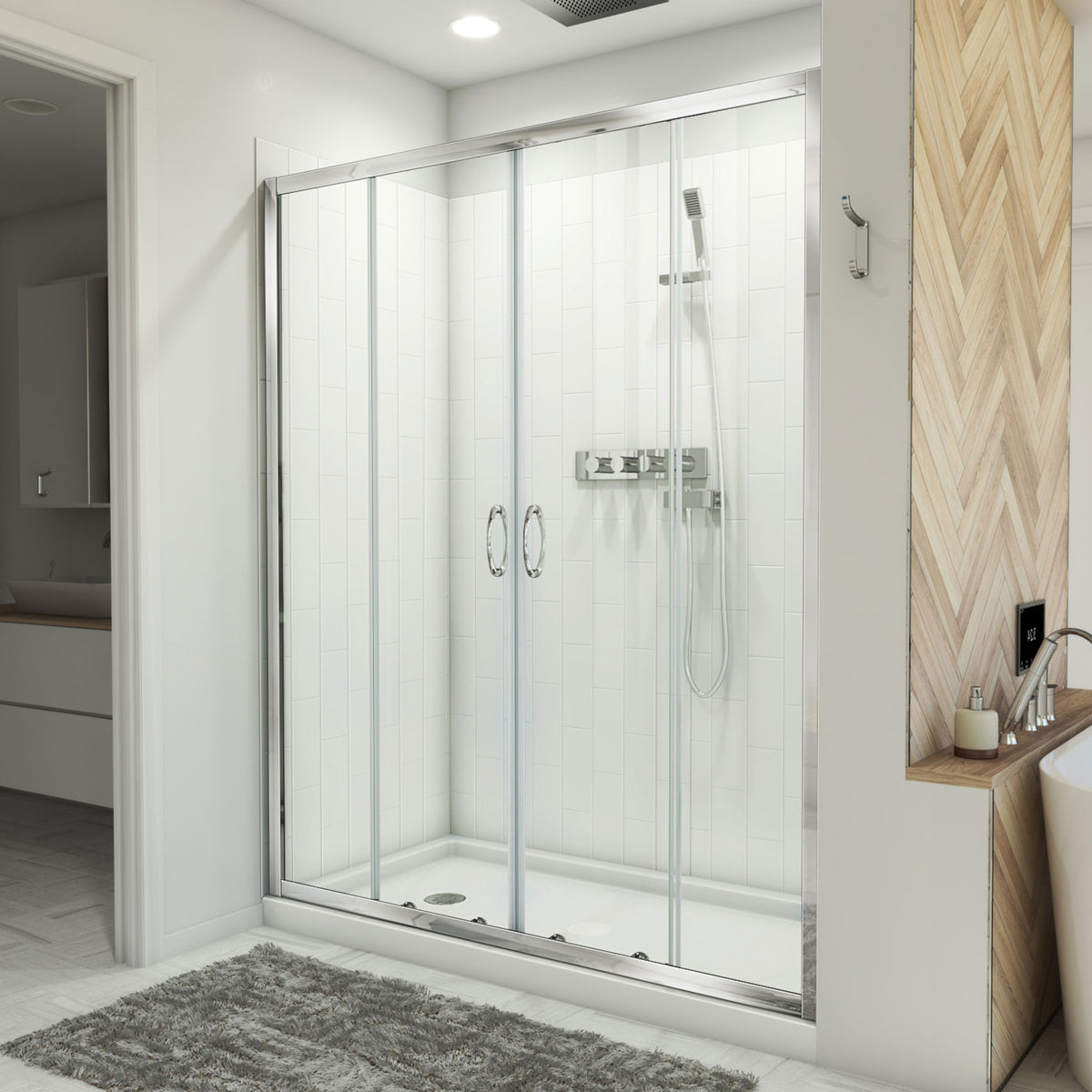 Visions semi-frameless double sliding shower door kit with subway style wall and white shower base pan, left drain, polished chrome hardware in a bathroom