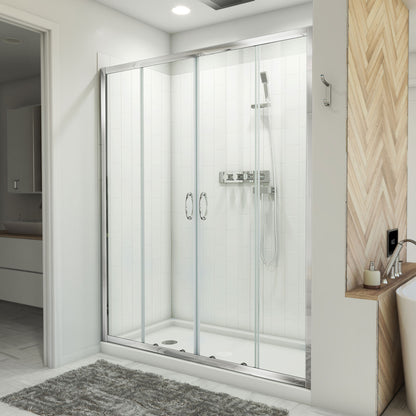 Visions semi-frameless double sliding shower door kit with subway style wall and white shower base pan, left drain, polished chrome hardware in a bathroom