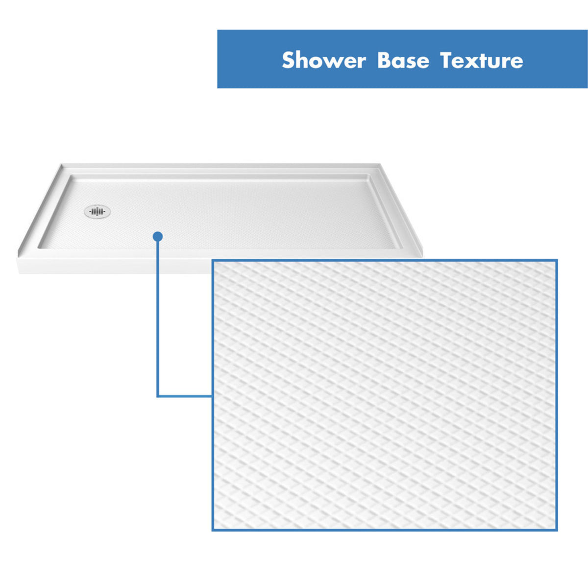 White shower base pan slip resistant floor texture, left drain