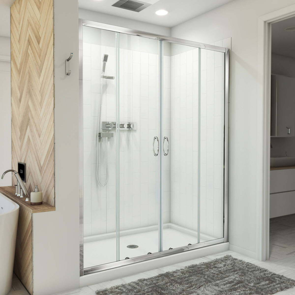 Visions semi-frameless double sliding shower door kit with subway style wall and white shower base pan, right drain, polished chrome hardware in a bathroom