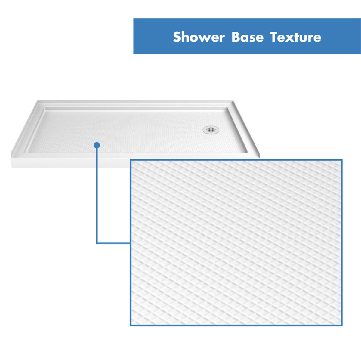 White shower base pan slip resistant floor texture, right drain