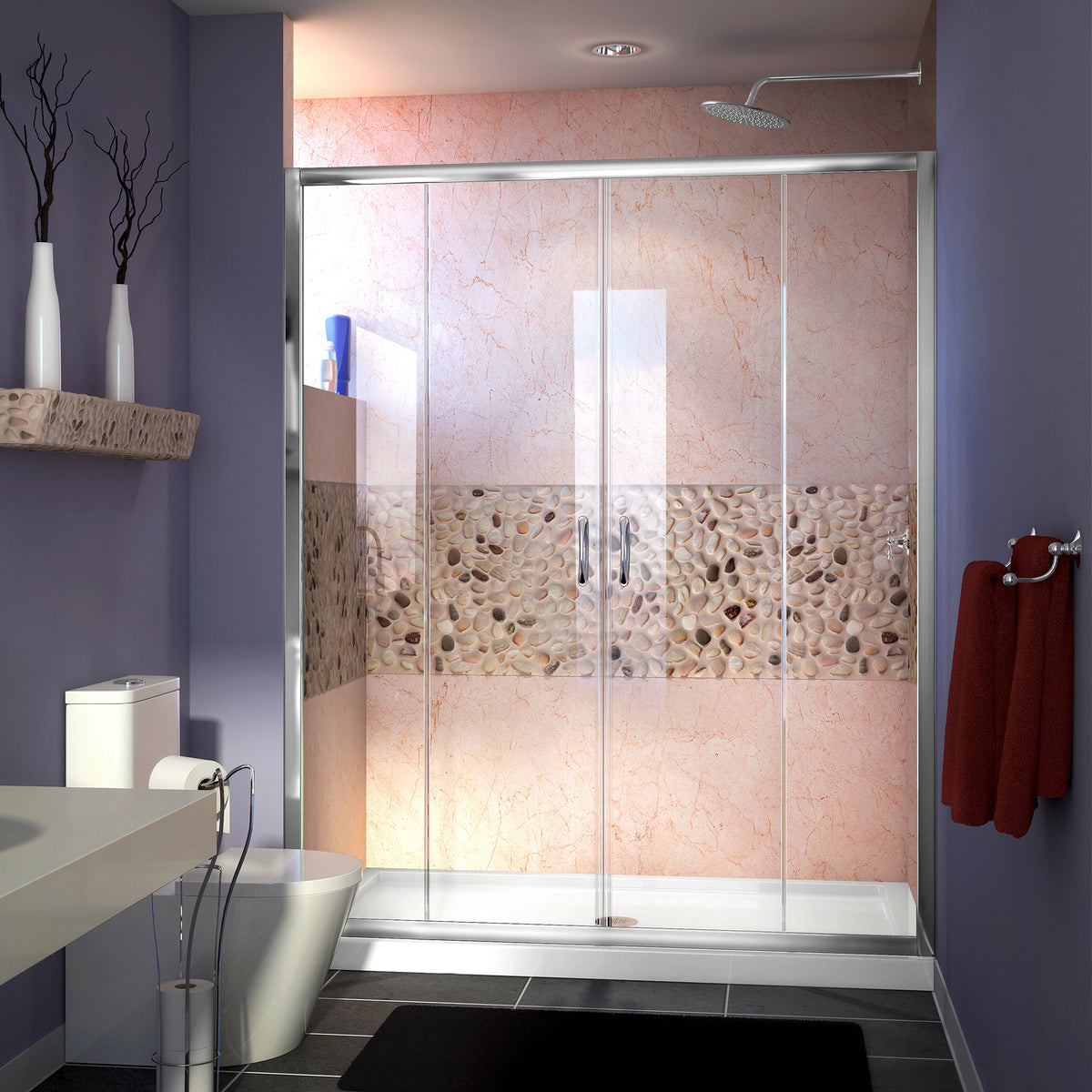 Visions semi-frameless double sliding shower door in polished chrome, shown on its own