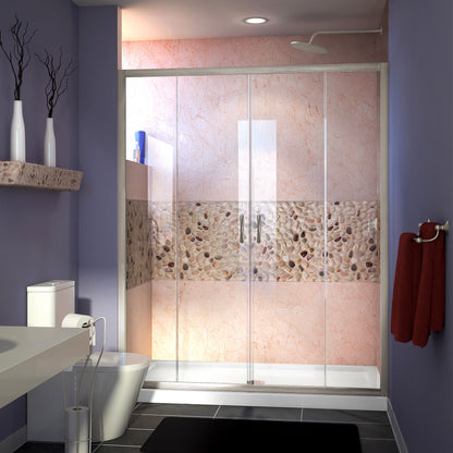 Visions semi-frameless double sliding shower door in brushed nickel, shown on its own