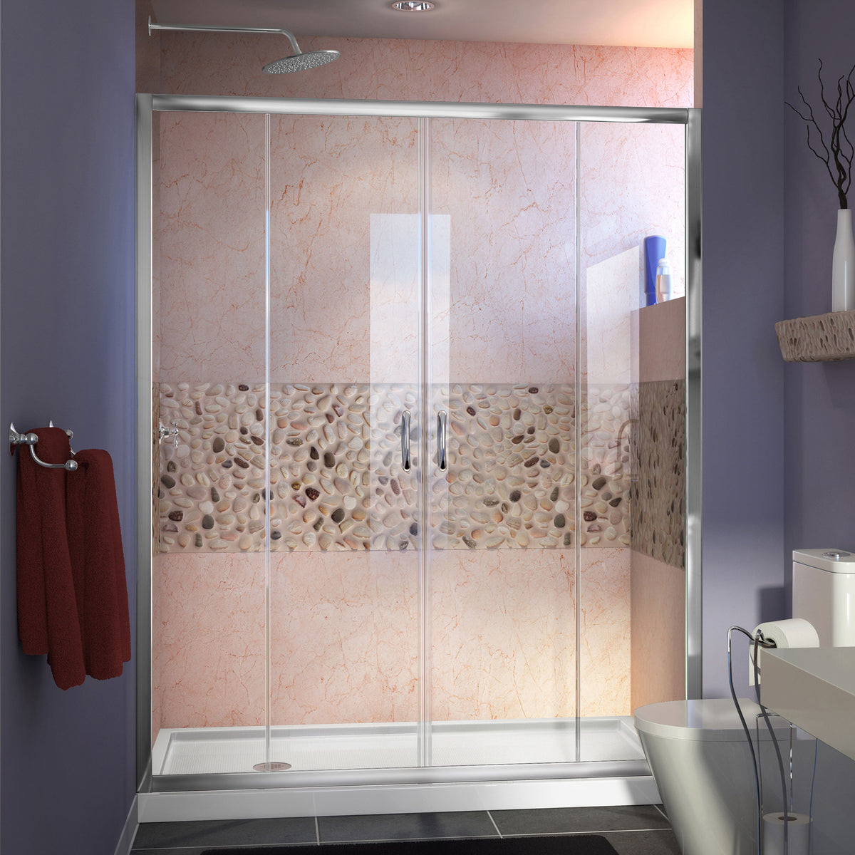 Visions double sliding shower door kit in polished chrome with white shower base pan and left drain