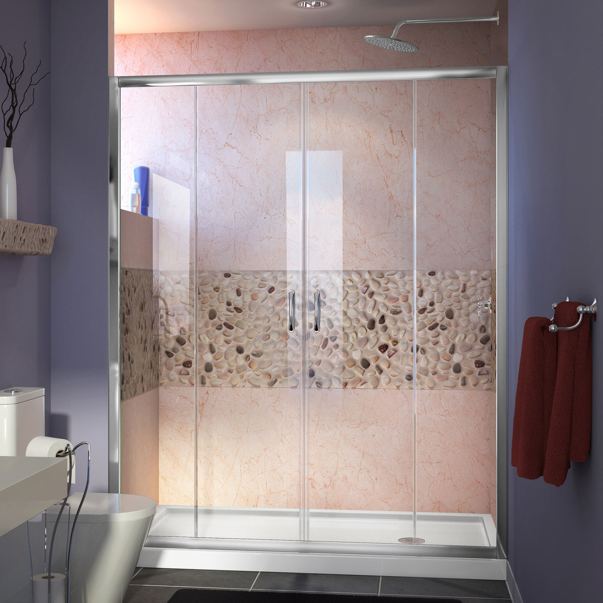 Visions double sliding shower door kit in polished chrome with white shower base pan and right drain