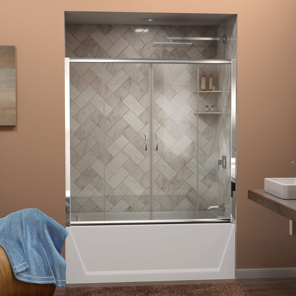 Visions semi-frameless sliding tub door in polished chrome on an alcove bathtub