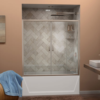 Visions semi-frameless sliding tub door in brushed nickel on an alcove bathtub