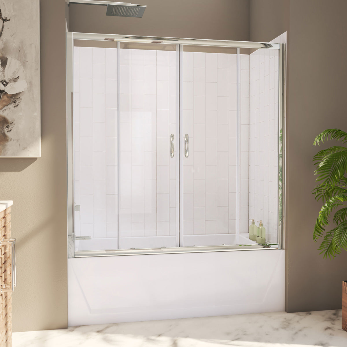 Visions sliding tub door kit in polished chrome with white subway style wall surround