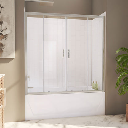 Visions sliding tub door kit in brushed nickel with white subway style wall surround