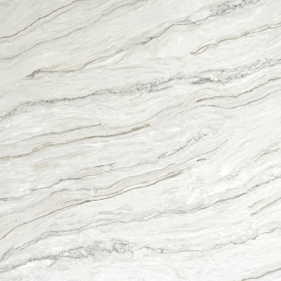 Acqurella White engineered quartz slab, white base with brown and grey veining, polished finish