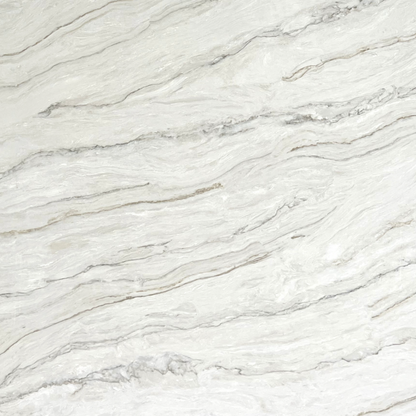 Acqurella White engineered quartz slab, white base with brown and grey veining, polished finish