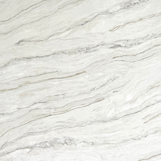Acqurella White engineered quartz slab, white base with brown and grey veining, polished finish