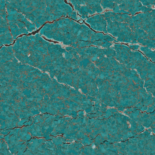 Amazonite engineered quartz slab, blue base with brown and white veining, polished finish