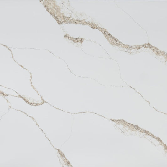 Arabescato Gold engineered quartz slab, white base with gold and grey veining, polished finish