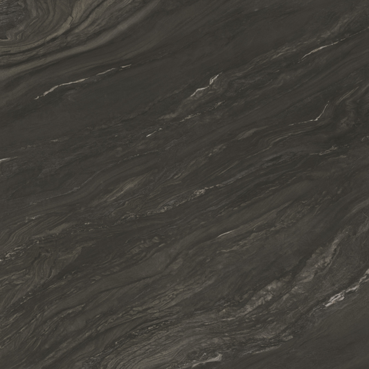 Atlas Plan Black Tempest Italian porcelain slab, black base with grey veining, polished finish