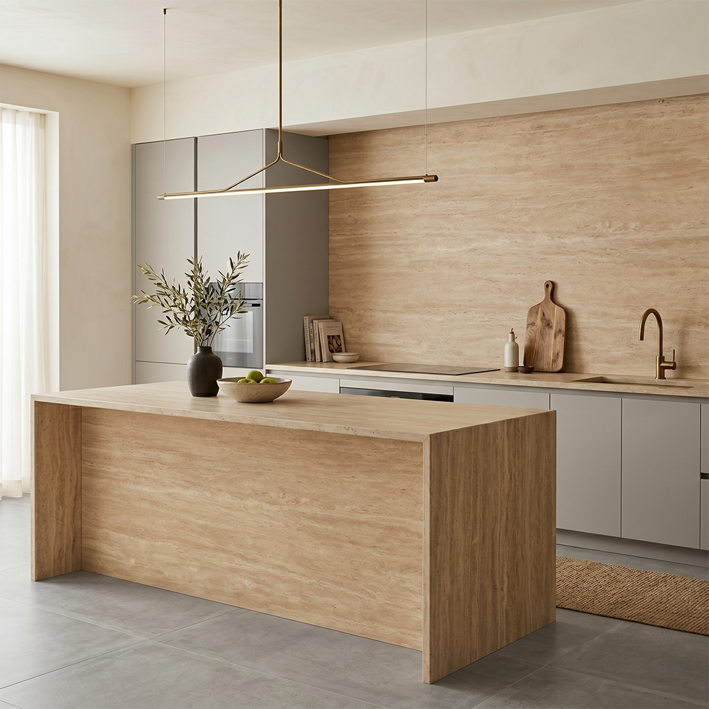 ES-Atlas Plan PorcelainTop™ Travertino Romano Sand Hammered Italian Porcelain Slab