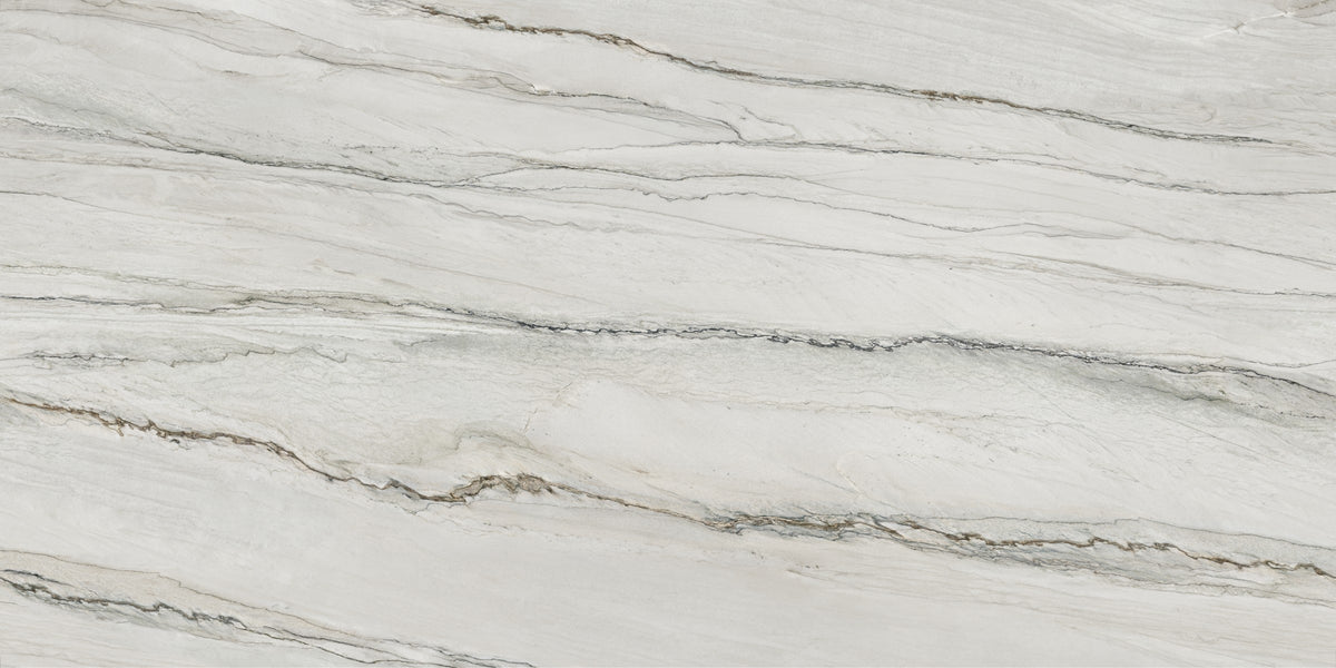 Imperial Macaubas printed surface quartz slab, white base with long gray linear veining, polished finish