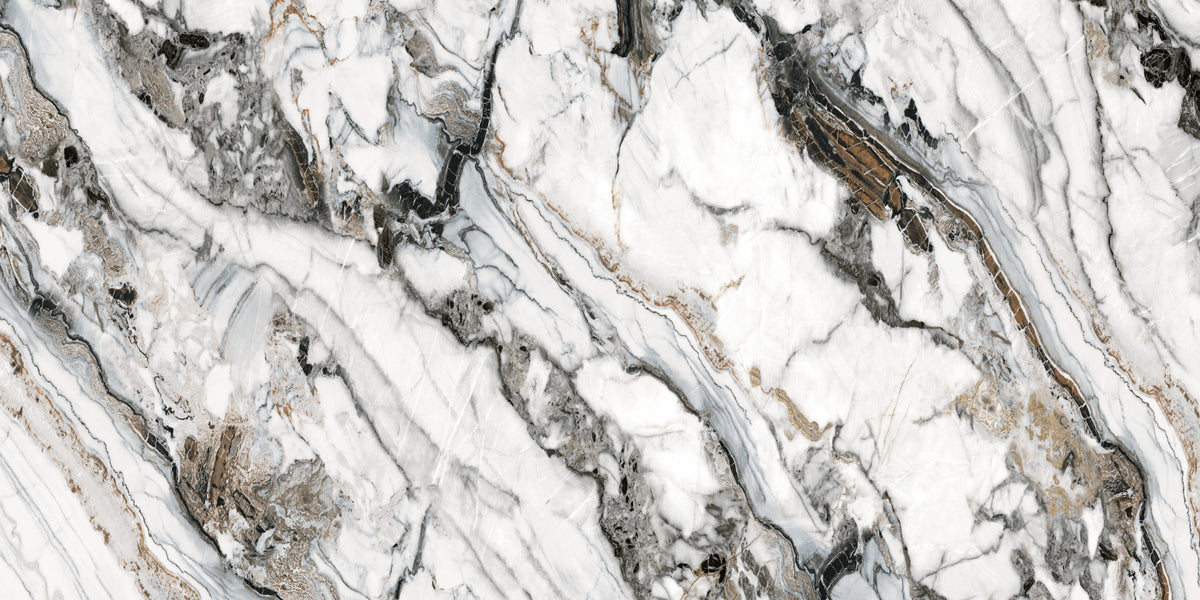 Venetian Brown quartz slab, white base with bold gray, black and brown veining, polished finish