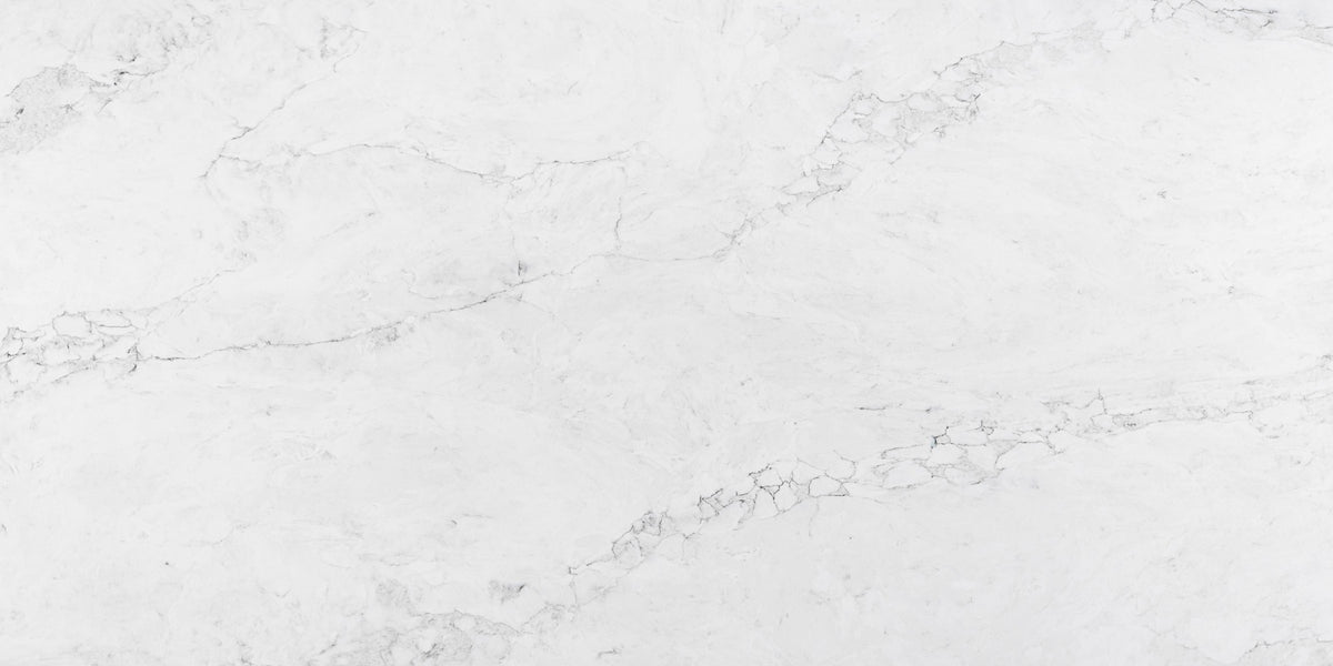 Versace White quartz slab, bright white base with soft gray veining, polished finish