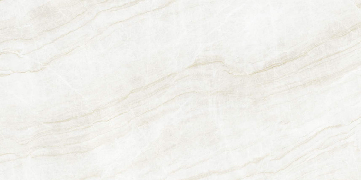 Taj Mahal marble composite shower wall panel, warm white base with soft cream veining, polished finish