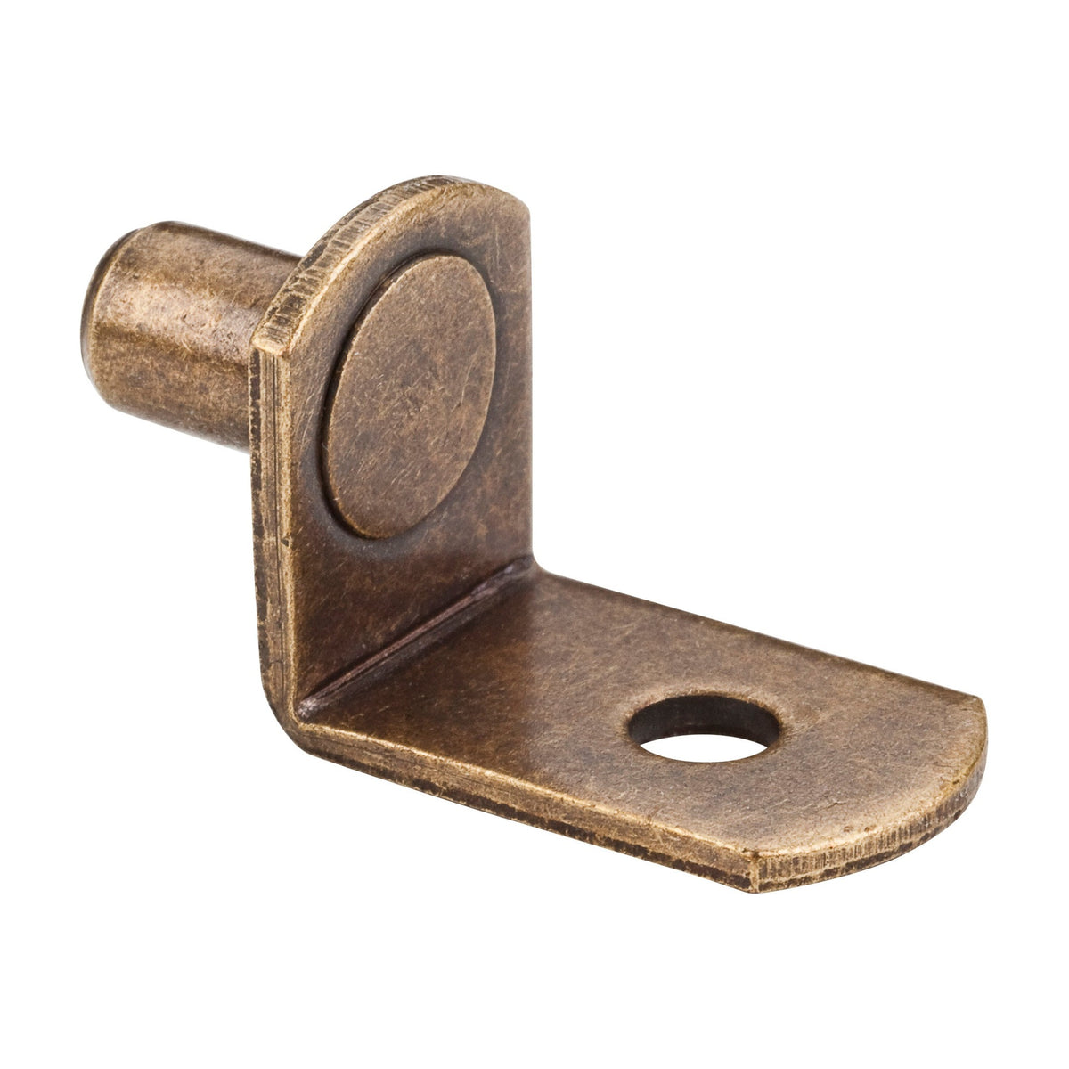 1/4" Pin Angled Shelf Support, Box of 1,000, 3/4" Arm, Hole for 1/8" Fasteners, Brushed Antique Brass