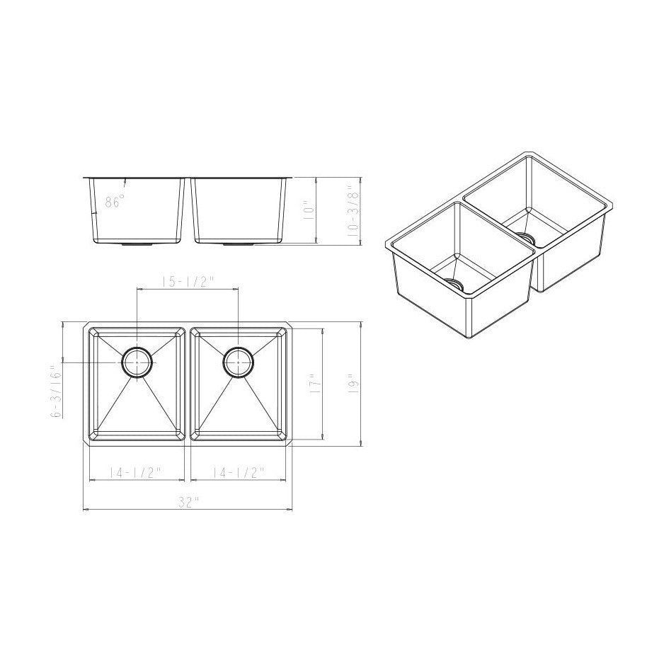 Augustin 32" 50/50 Stainless Steel Undermount Double Basin Kitchen Sink, Stainless Steel, alternate view