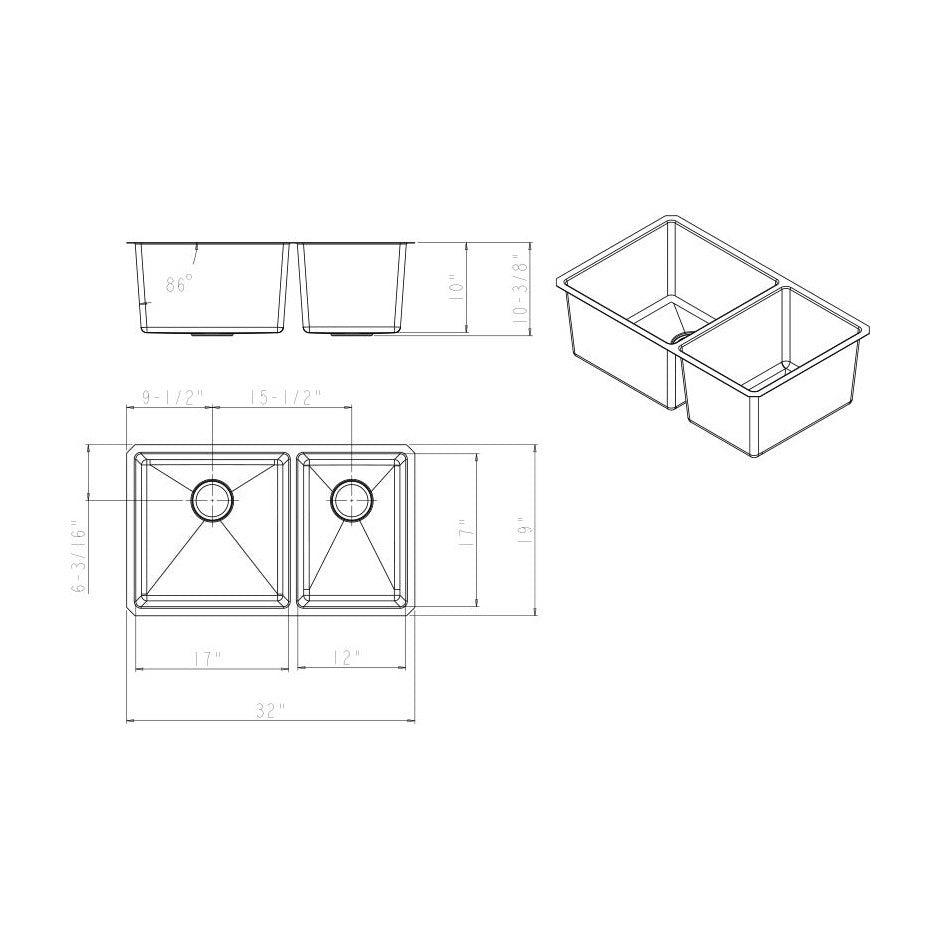 Augustin 32" 60/40 Stainless Steel Undermount Double Basin Kitchen Sink, Stainless Steel, alternate view