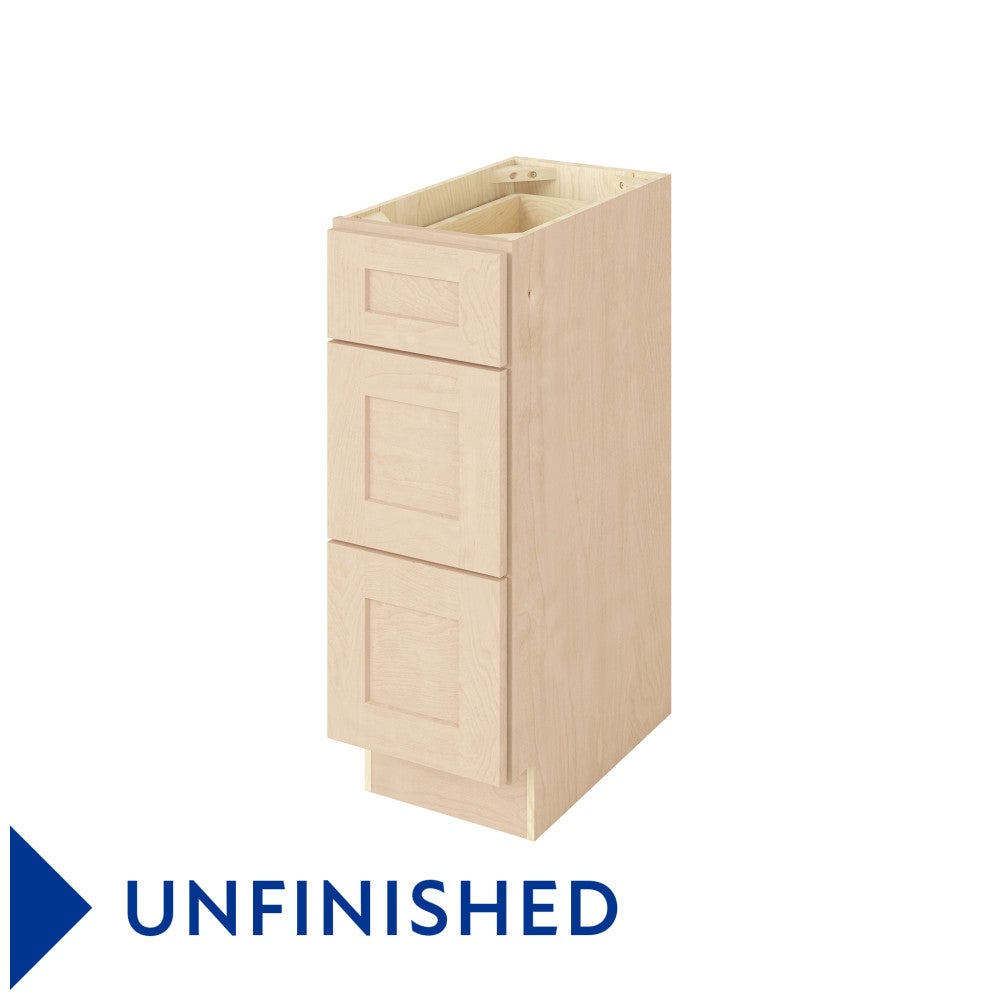 Catalina 12" Three Drawer Base Freestanding Bathroom Vanity Side Cabinet, Unfinished