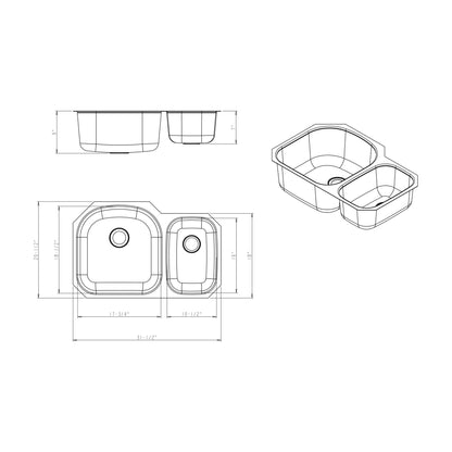 Corinne 31 1/2" 70/30 Stainless Steel Undermount Double Basin Kitchen Sink, Stainless Steel, alternate view
