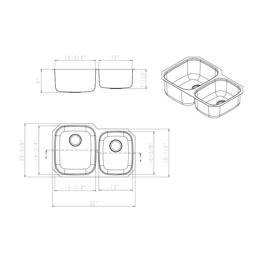 Corinne 32" 60/40 Stainless Steel Undermount Double Basin Kitchen Sink, Stainless Steel, alternate view