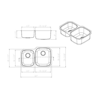 Corinne 32" 60/40 Stainless Steel Undermount Double Basin Kitchen Sink, Stainless Steel, alternate view